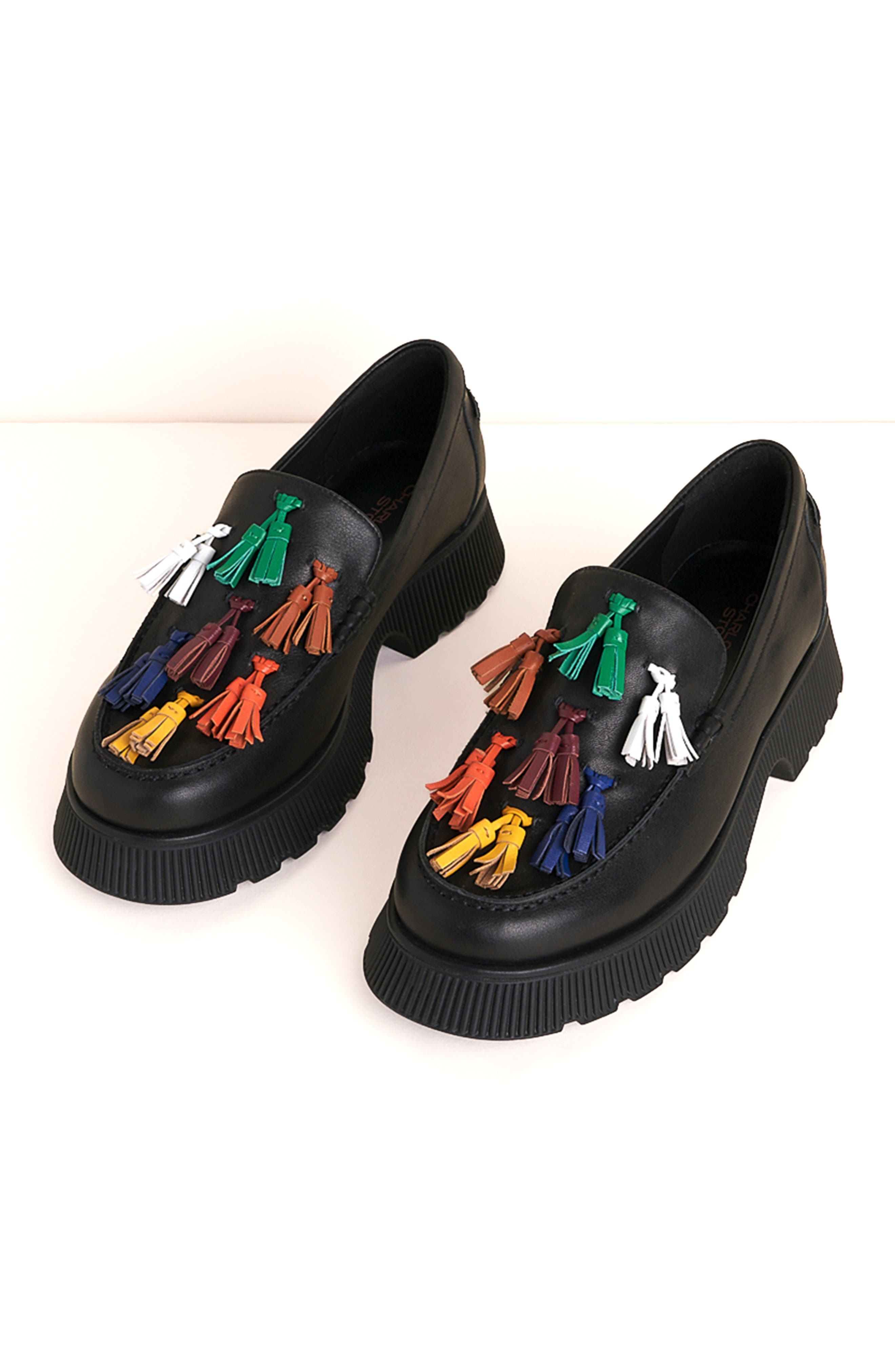 Charlotte Stone Chandler Tasseled Lug Sole Loafer in Black 