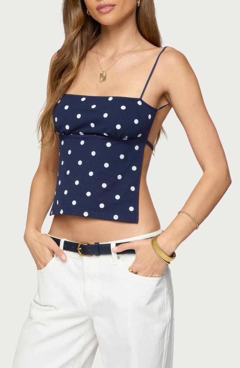 EDIKTED Jinx Polka Dot Open Back Camisole, Alternate, color, Navy-And-White