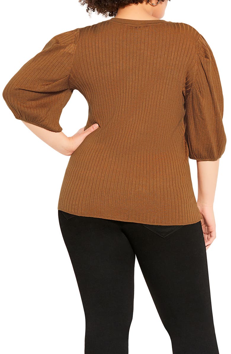 City Chic Sweet Rib Puff Sleeve Top, Alternate, color, Tan