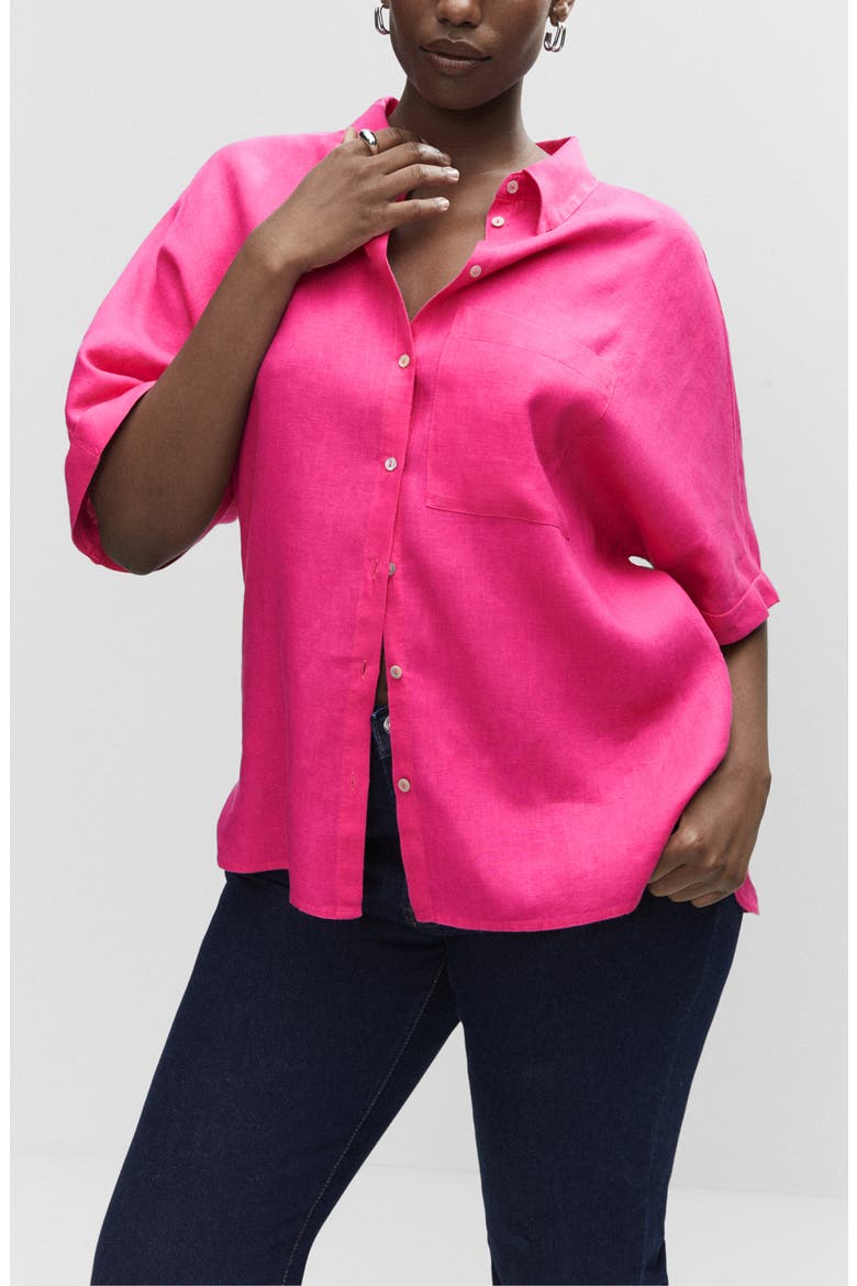 Pocket Linen Short Sleeve Button-Up Shirt, Alternate, color, FUCHSIA