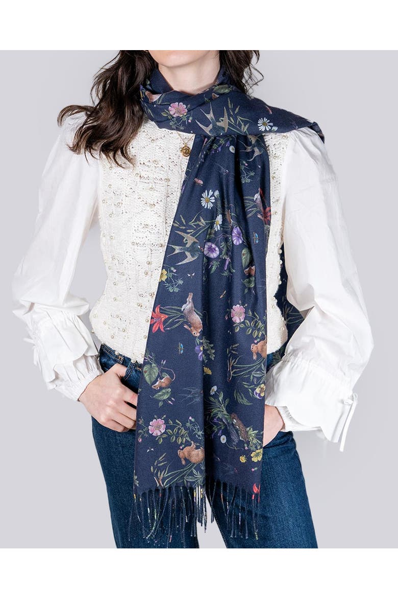 Running Bunny Toile Fringe Scarf, Alternate, color, Navy