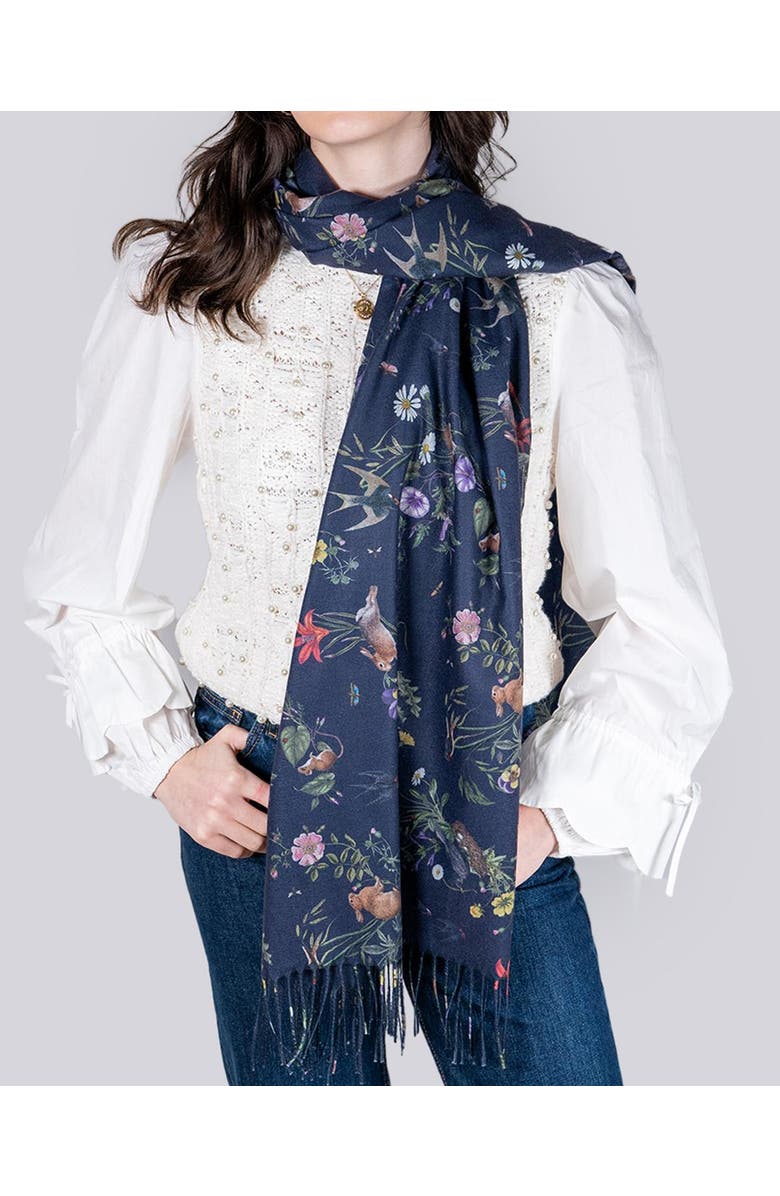 Fable England Running Bunny Toile Fringe Scarf, Alternate, color, Navy