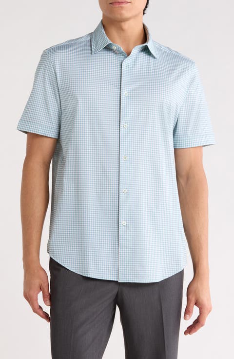 Plaid Stretch Cotton Short Sleeve Button-Up Shirt