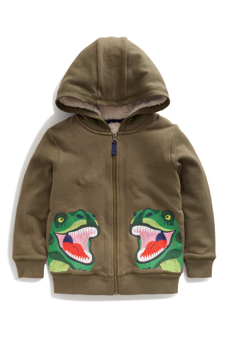 Kids' Embroidered T-Rex Fleece Lined Zip Hoodie, Main, color, CLASSIC KHAKI DINOSAUR