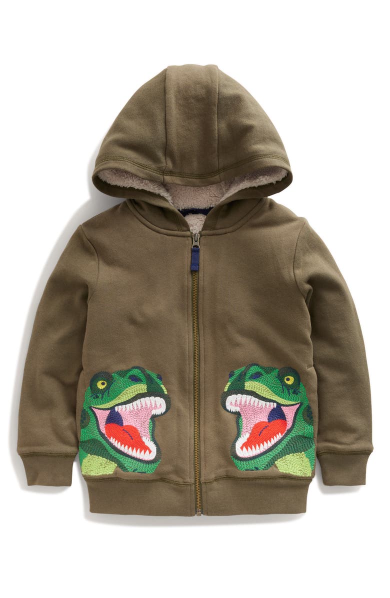 Mini Boden Kids' Embroidered T-Rex Fleece Lined Zip Hoodie, Main, color,