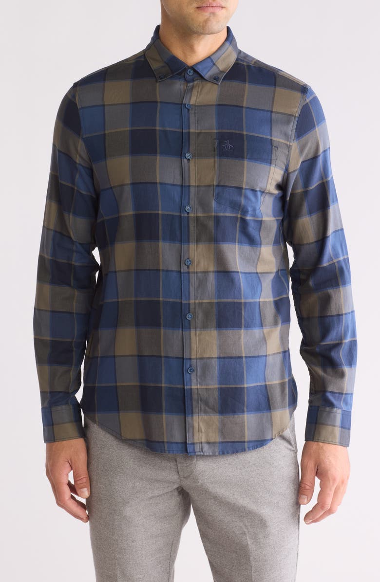 Original Penguin Plaid Cotton Blend Twill Button-Up Shirt, Main, color, Sargasso Sea
