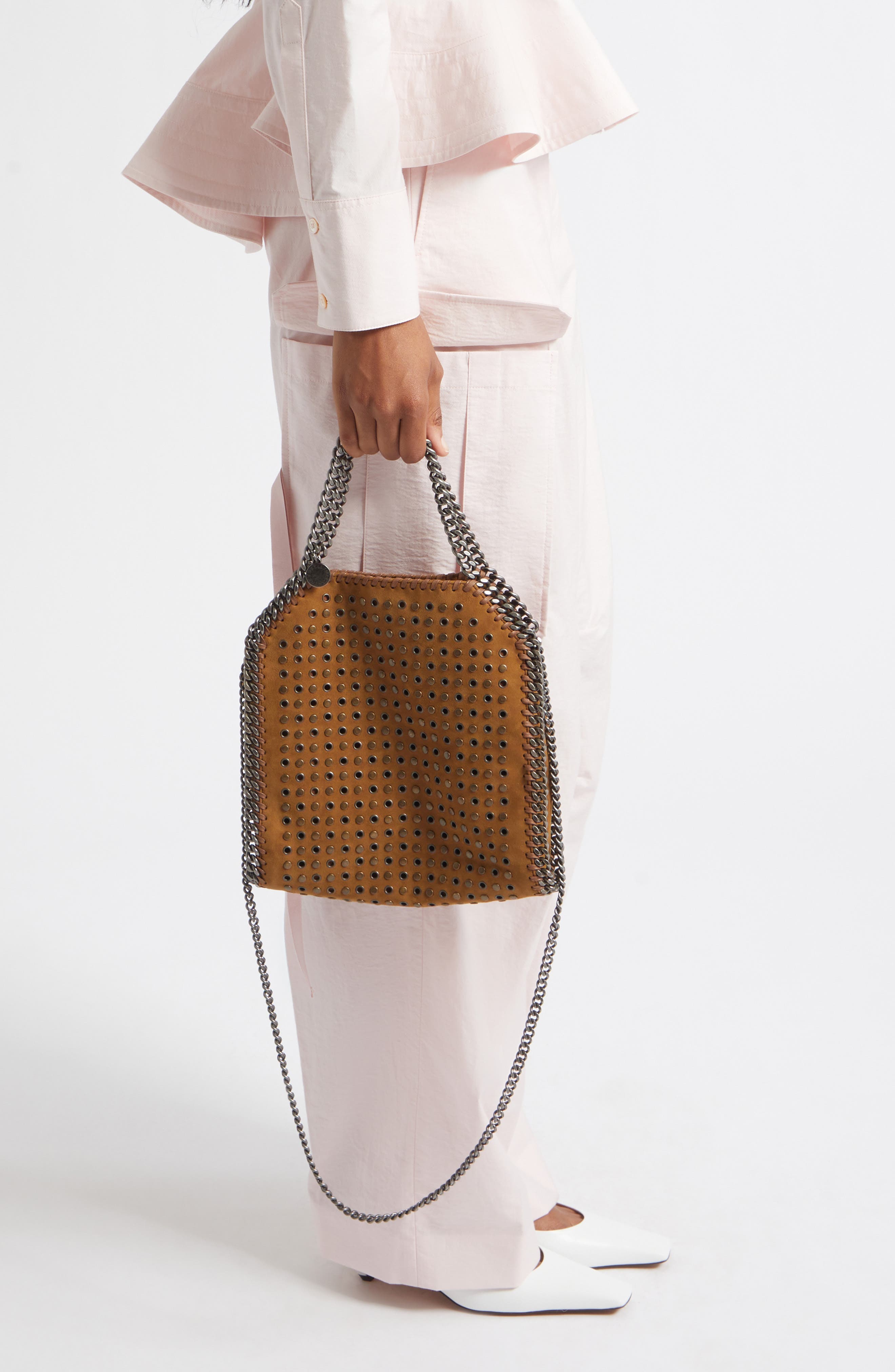 Mini Falabella Studded Faux Suede Tote, Alternate, color, BRANDY