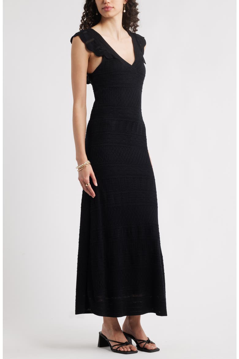 Pointelle Flutter Maxi Sweater Dress, Alternate, color, BLACK