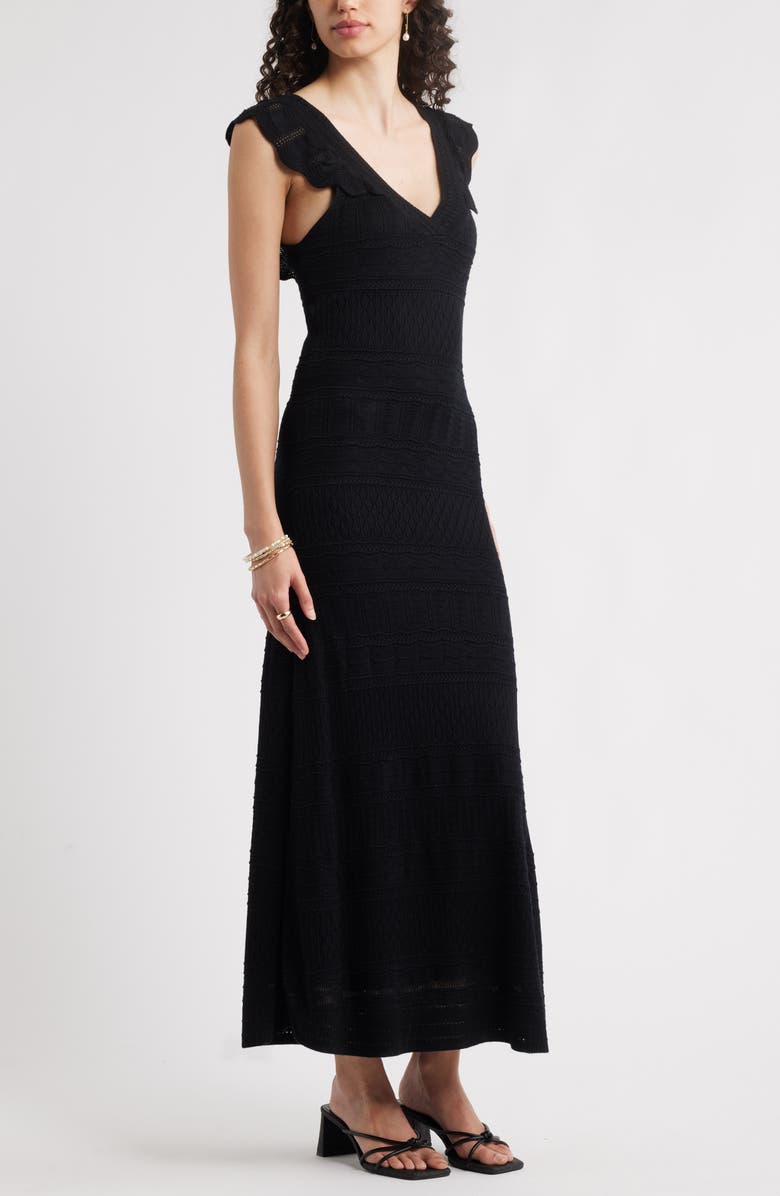 Chelsea28 Pointelle Flutter Maxi Sweater Dress, Alternate, color, Black