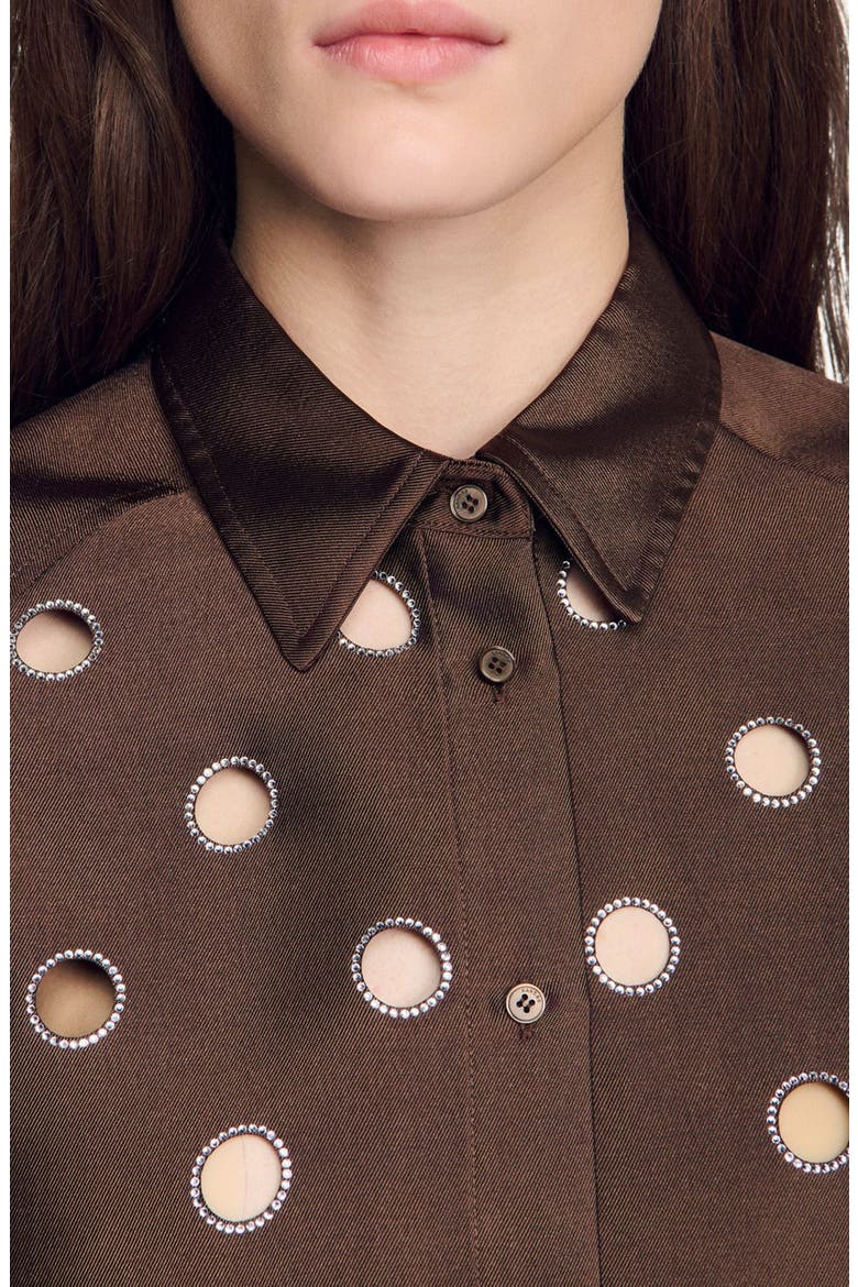 Oversized shirt with rhinestones holes, Alternate, color, Brown