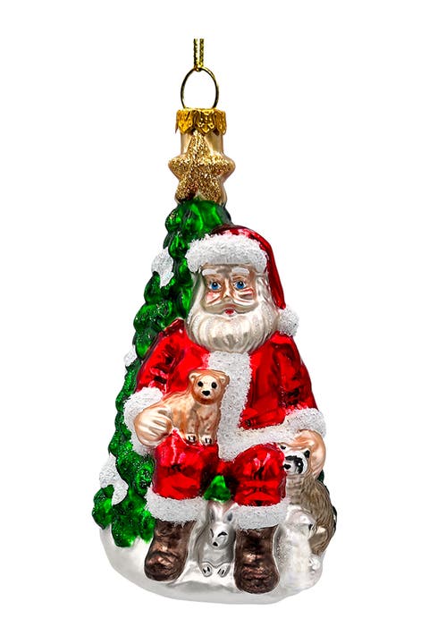 Santa With Woodland Friends Glass Ornament