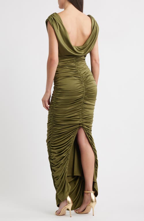 Black Halo Evangeline Ruched Satin Gown In Green