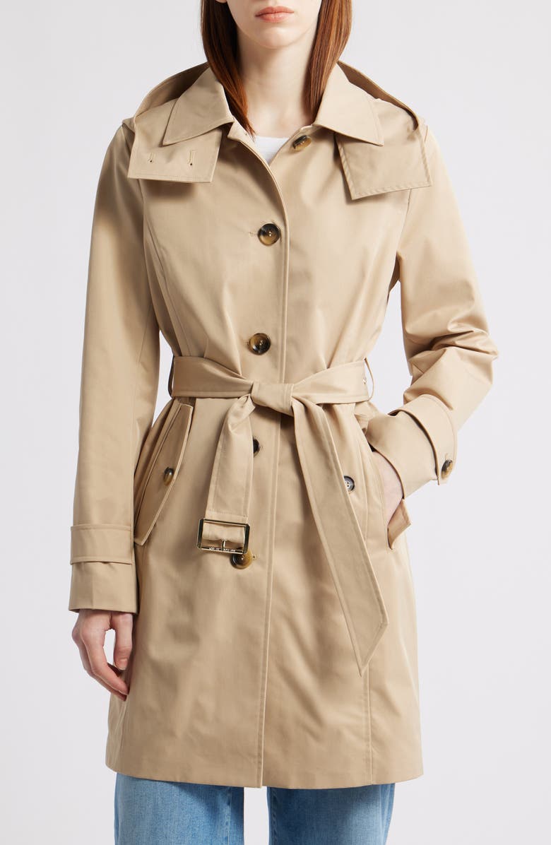 Michael Kors Water Resistant Trench Coat with Removable Hood, Main, color, Khaki