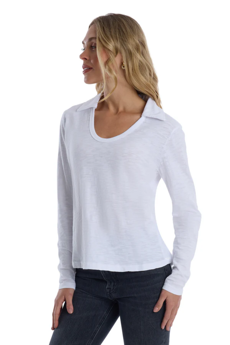 Scoop Neck Long Sleeve Polo Tee with Round Hem, Alternate, color, White