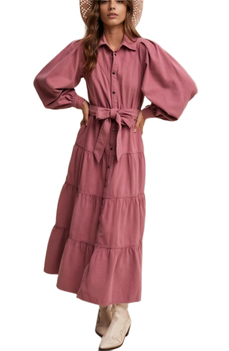 Knit and Lounge Rose Tiered Belted Button Down Maxi Shirt Dress, Main, color, Rose