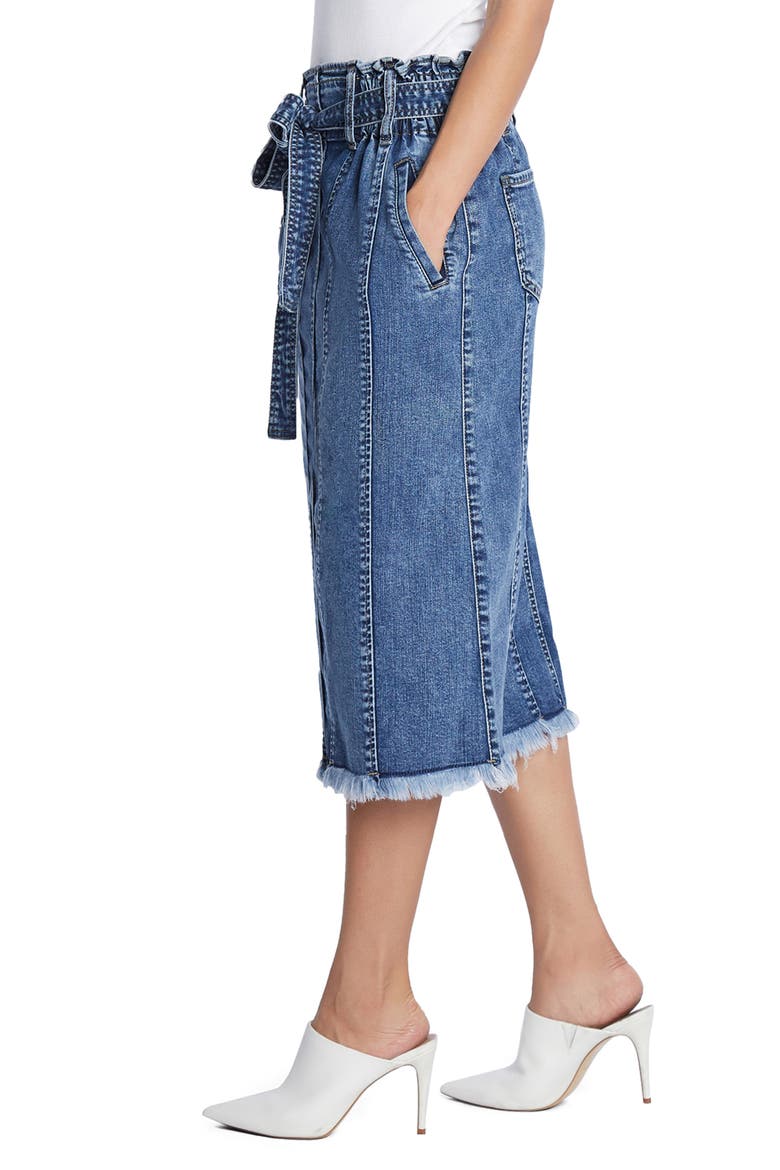 Tie Waist Raw Hem Denim Skirt, Alternate, color, STORM BLUE