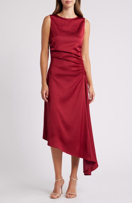 Luxely Finch Ruched Satin Midi Dress in Rumba Red 