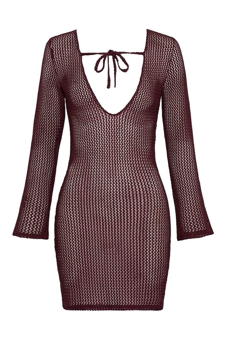 Sophia Long-Sleeve Cover-Up Minidress, Alternate, color, MAROON CROCHET