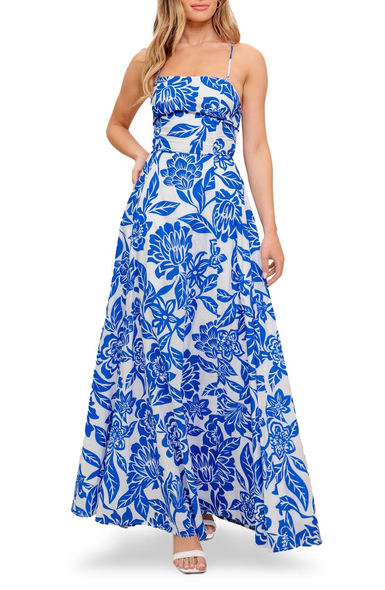 FLYING TOMATO Floral Fit & Flare Maxi Dress, Main, color, Ivory Blue