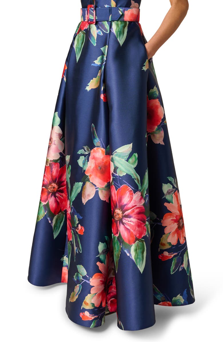 Adrianna Papell Floral Belted Mikado Gown, Alternate, color, Navy Multi