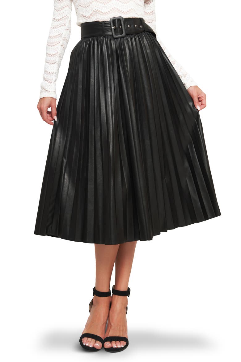 Faux Leather Pleated Midi Skirt, Main, color, BLACK
