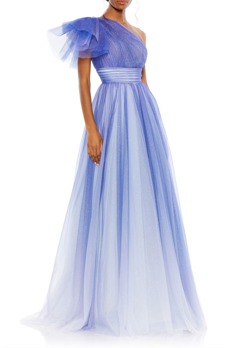 Mac Duggal Glitter Ombre Ruffled One Shoulder Ballgown, Main, color, Royal Ombre