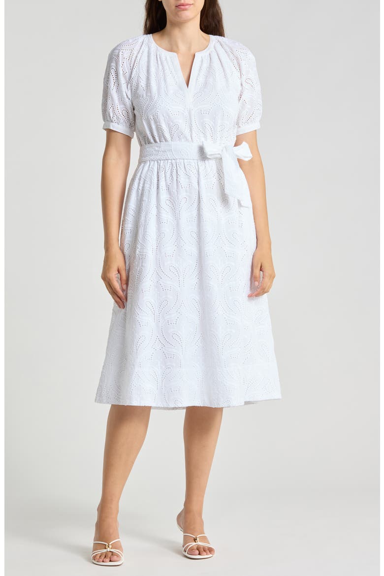Perry Embroidered Eyelet Cotton Midi Dress, Main, color, WHITE