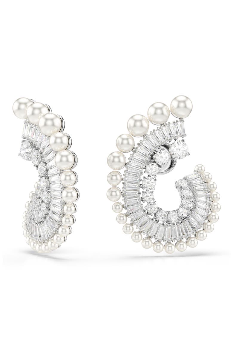 x Ariana Grande Mixed-Cut Cubic Zirconia & Faux Pearl Hoop Earrings, Main, color, WHITE/ SILVER