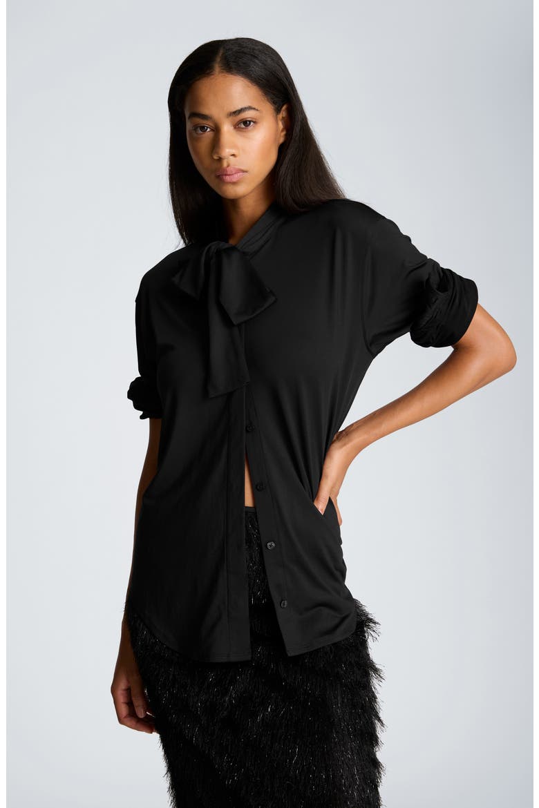 Bow Neck Long Sleeve Shirt, Alternate, color, BLACK