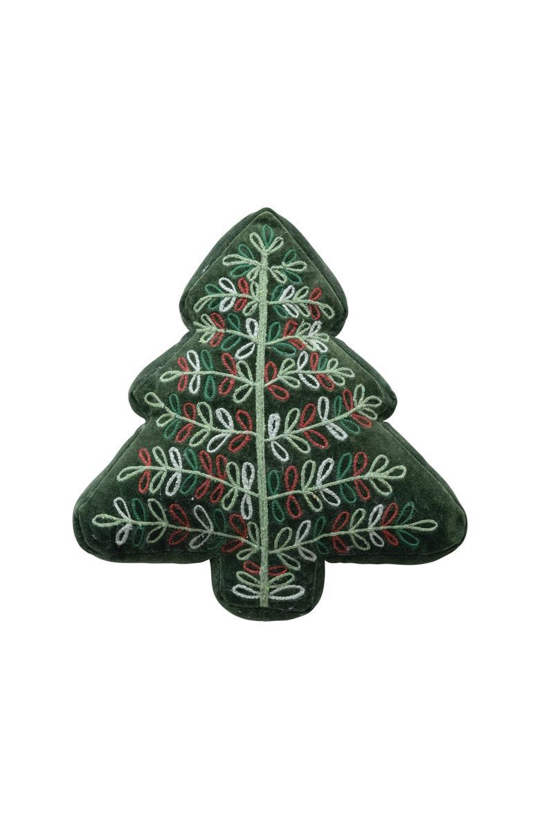 Storied Home Woven Cotton Velvet Tree Shaped Pillow with Embroidery, Multicolor, Main, color, 