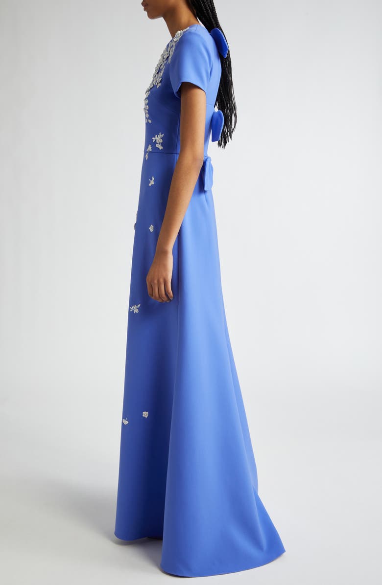 Carolina Herrera Floral Embroidered Stretch Crepe Gown with Bows, Alternate, color, Delphinium Mult