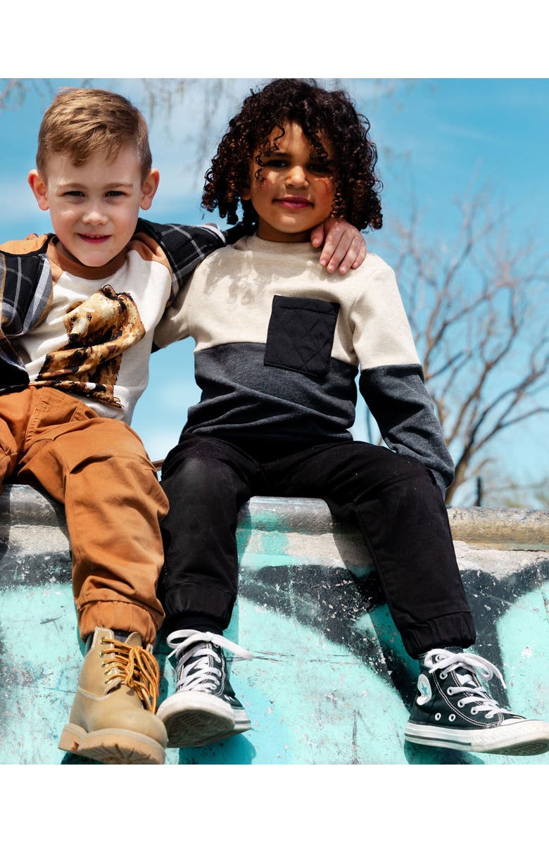 Deux par Deux Boy's Super Soft Colorblock Top With Quilted Pocket Beige And Black, Alternate, color, 