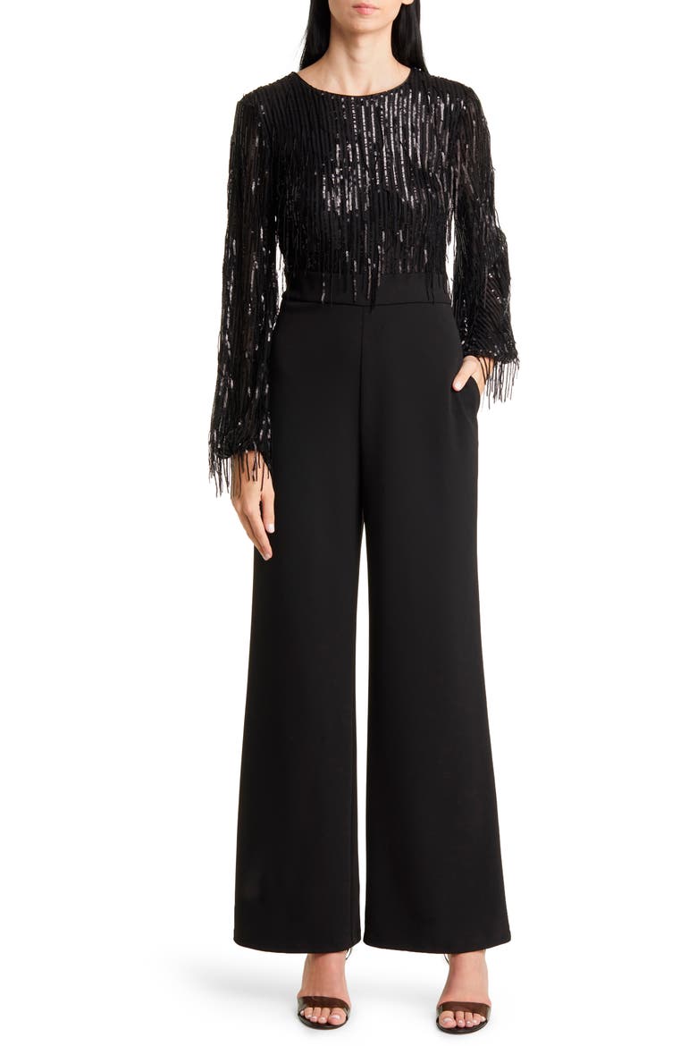 Sequin Fringe Long Sleeve Jumpsuit, Main, color, BLACK