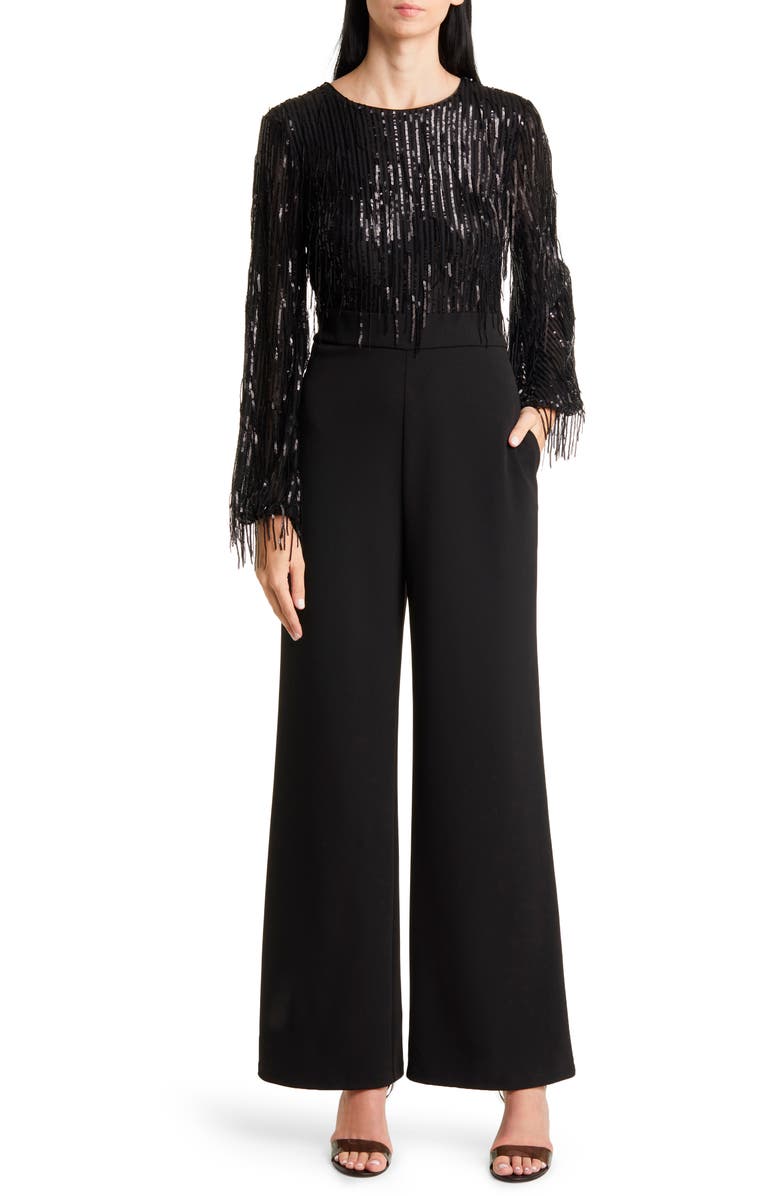Eliza J Sequin Fringe Long Sleeve Jumpsuit, Main, color, 