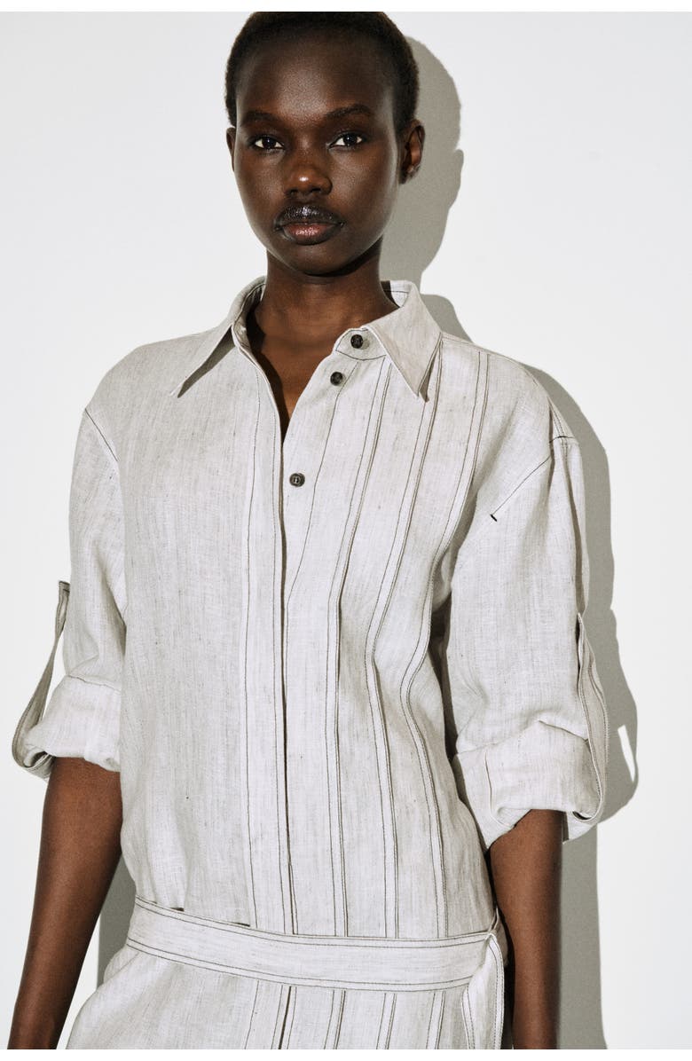 COS Belted Pleated Linen Mini Shirt Dress, Alternate, color, Light Gray