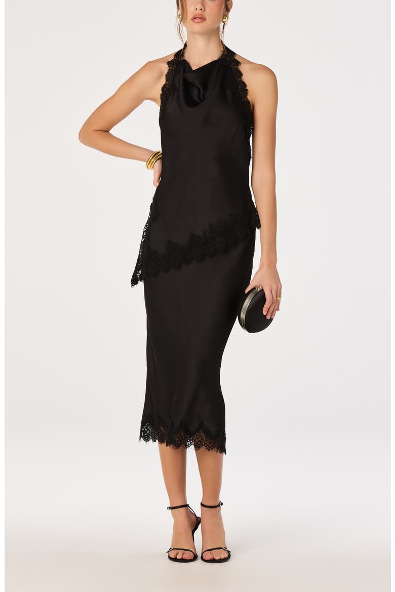 Amira Lace Trim Cowl Neck Satin Top, Alternate, color, BLACK