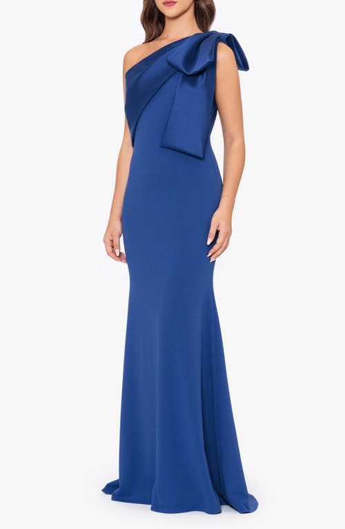 Betsy & Adam Satin Bow Crepe Mermaid Gown In Blue