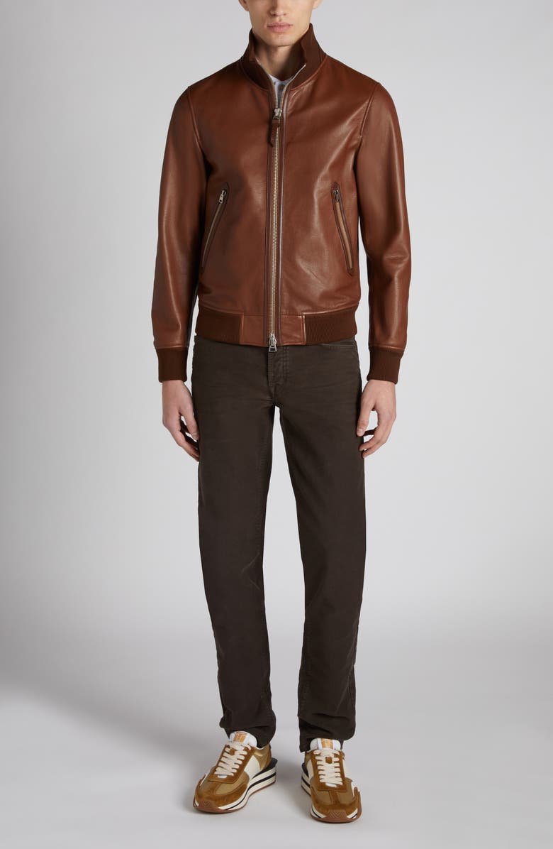 TOM FORD Tumbled Leather Track Bomber Jacket, Alternate, color, Kb292 Tan