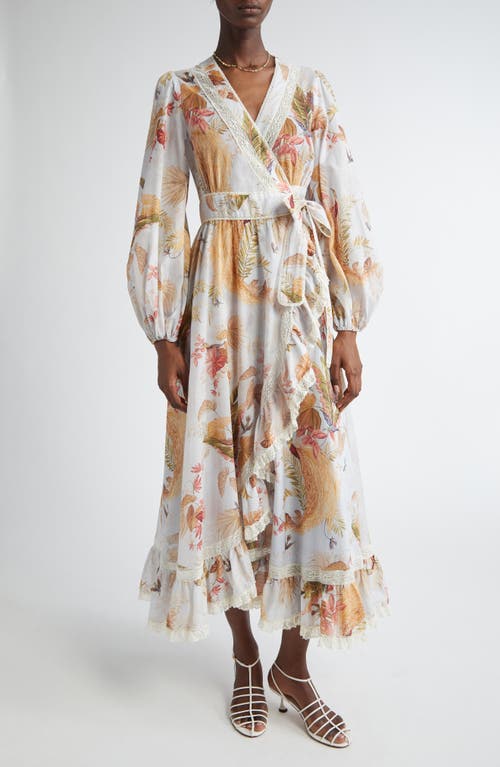 Zimmermann Ascension Lace-trimmed Tiered Printed Cotton-voile Midi Wrap Dress