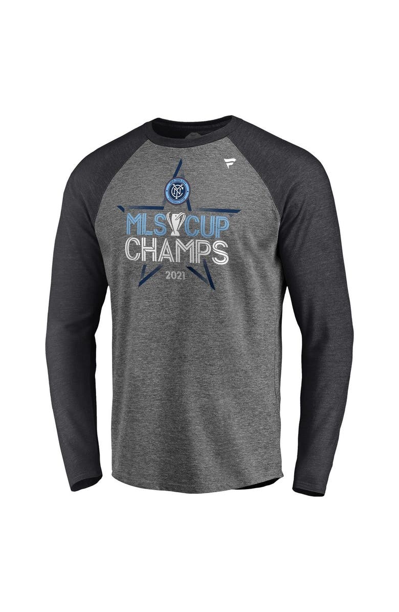 FANATICS Men's Fanatics Branded Heathered Gray New York City FC 2021 MLS Cup Champions Locker Room Raglan Long Sleeve T-Shirt, Alternate, color, 