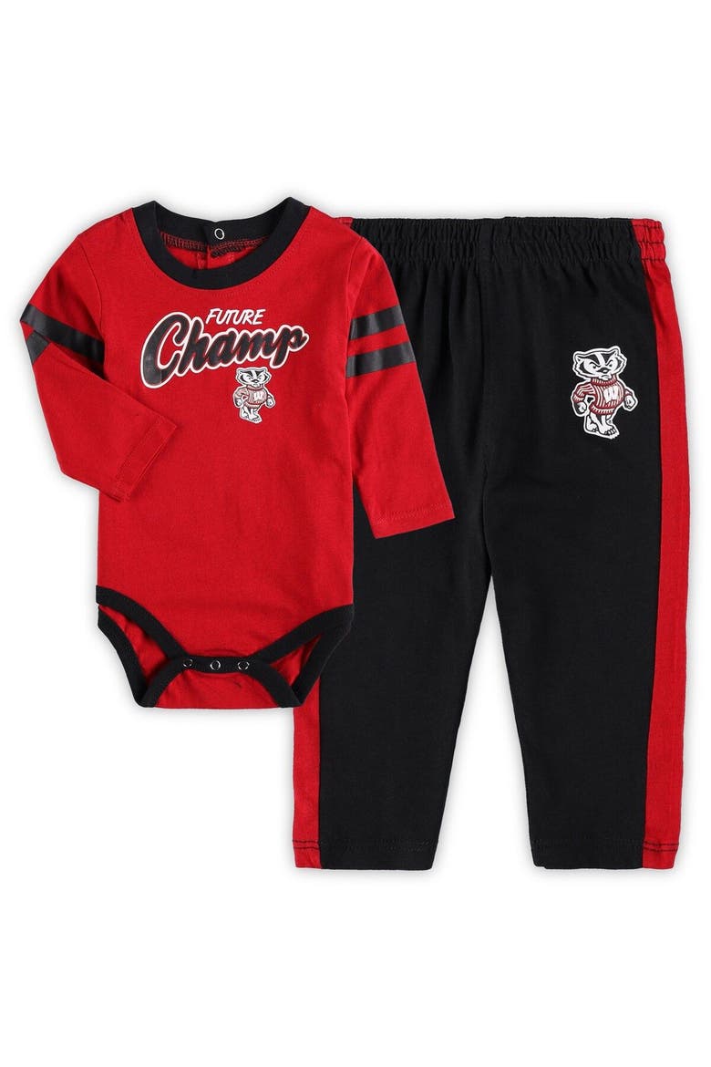 Newborn & Infant Red/Black Wisconsin Badgers Little Kicker Long Sleeve Bodysuit & Sweatpants Set, Main, color, Red