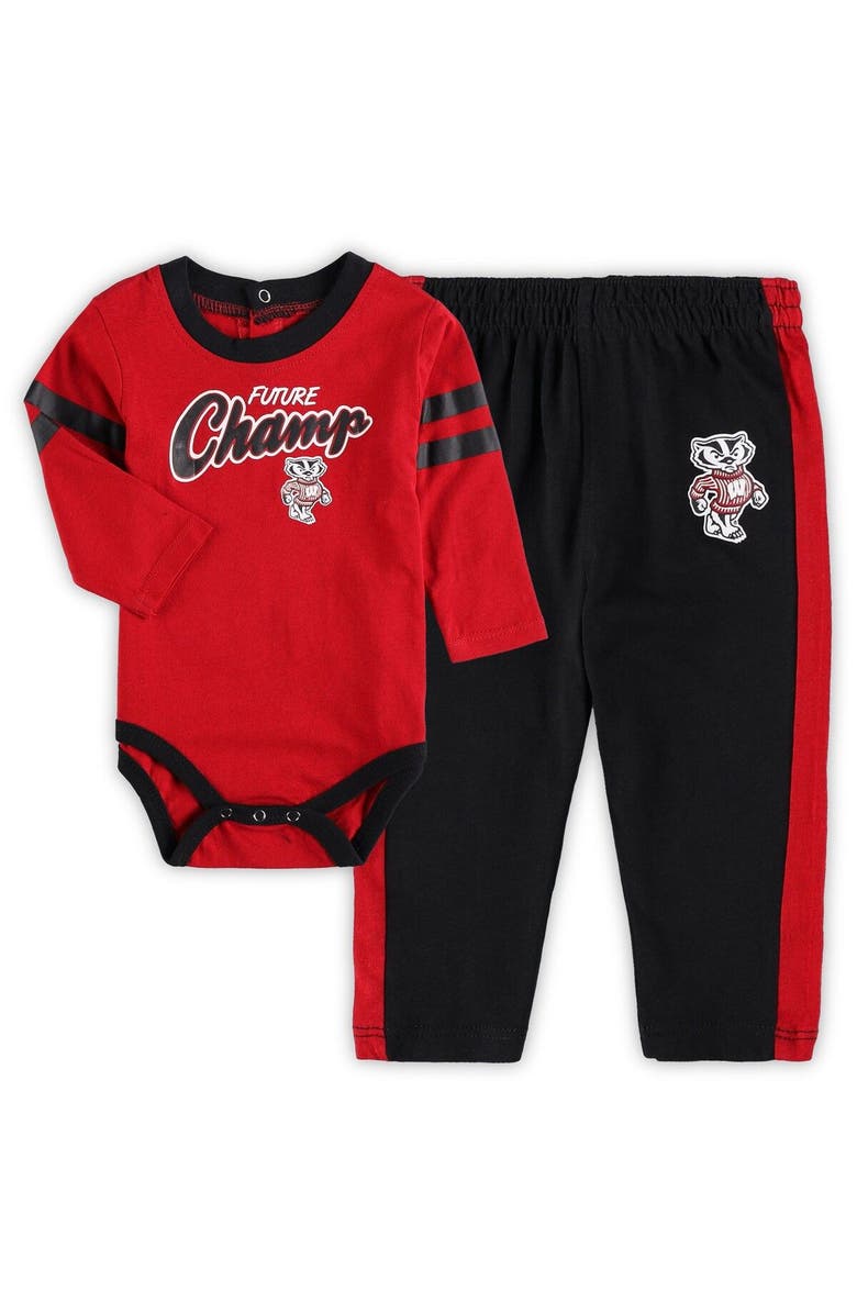 Outerstuff Newborn & Infant Red/Black Wisconsin Badgers Little Kicker Long Sleeve Bodysuit & Sweatpants Set, Main, color, 