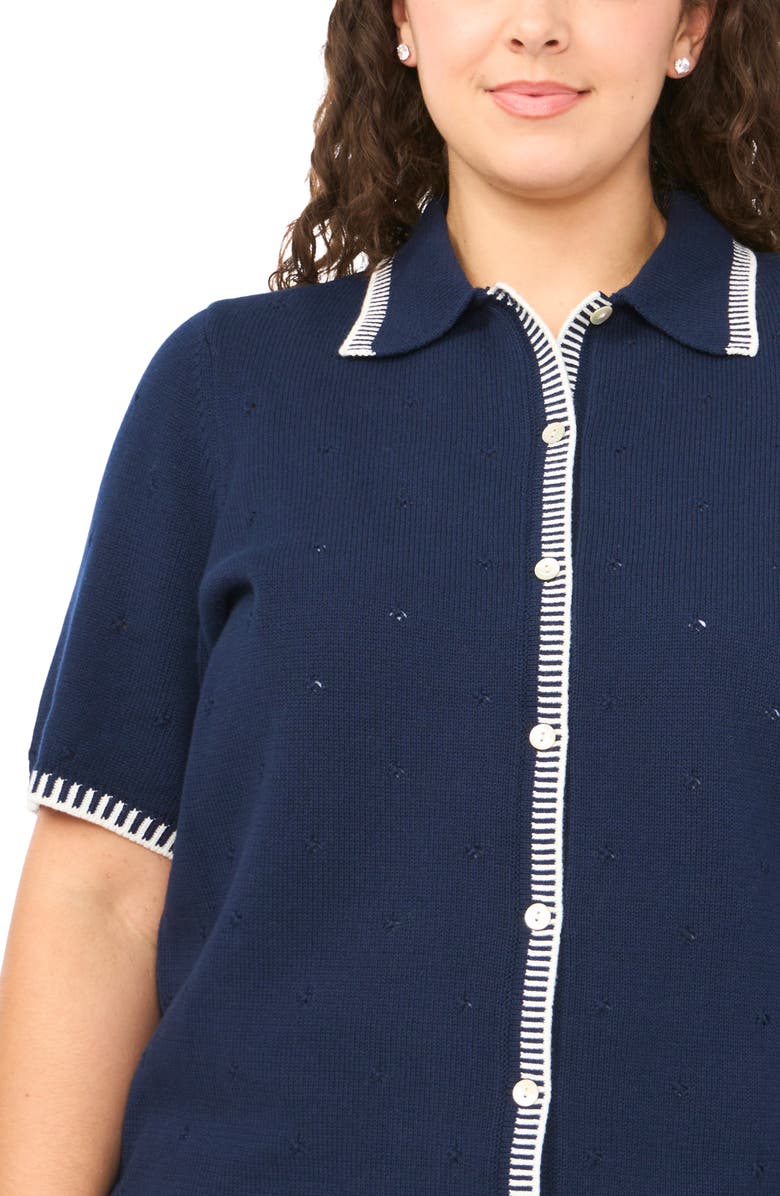 CeCe Pointelle Cotton Button-Up Sweater, Alternate, color, Classic Navy