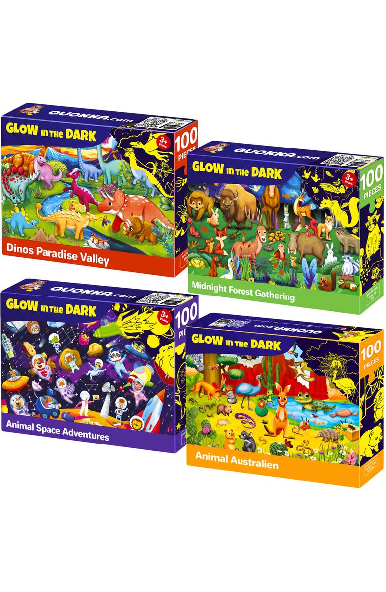 Quokka 4x100 Piece Glow-in-The-Dark Puzzles for Kids, Main, color, Dinos & Forest