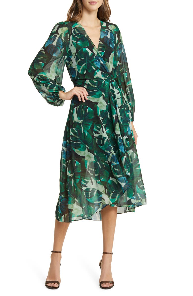 Sam Edelman Monstera Print Long Sleeve Midi Wrap Dress, Main, color, 