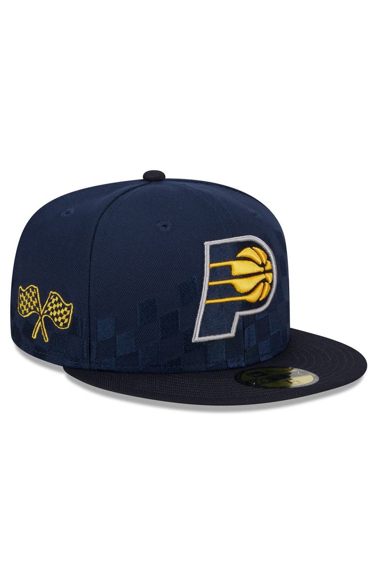 New Era Men's New Era Navy Indiana Pacers Rally Drive Checkerboard 59FIFTY Crown Fitted Hat, Alternate, color,