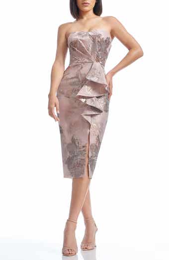 Dress the Population Kieron Metallic Floral Ruffle Detail Strapless Sheath Dress