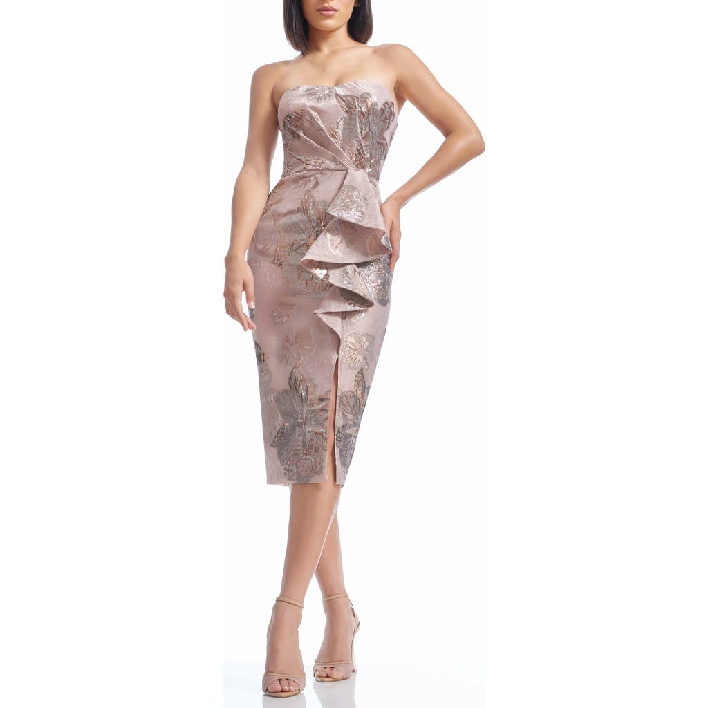 DRESS THE POPULATION DRESS THE POPULATION KIERON METALLIC FLORAL RUFFLE DETAIL STRAPLESS SHEATH DRESS
