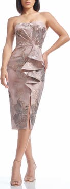 Dress the Population Kieron Metallic Floral Ruffle Detail Strapless Sheath Dress