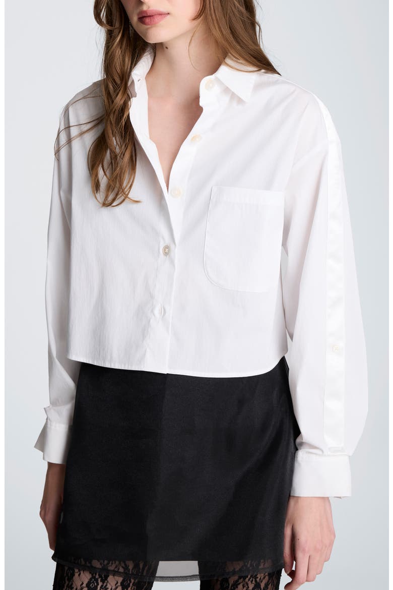 Satin Stripe Crop Button-Up Shirt, Main, color, PURE WHITE